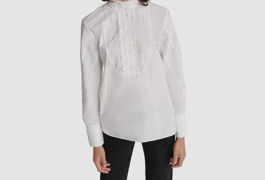 The Kooples Women White Ruffled Embroidered Lace Button-Up Shirt Top