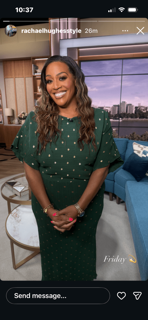 where to get all Alison Hammond This Morning outfits green gold metallic dot midi dress  what is Alison wearing 30 January 2026 Photo Rachael Hughes