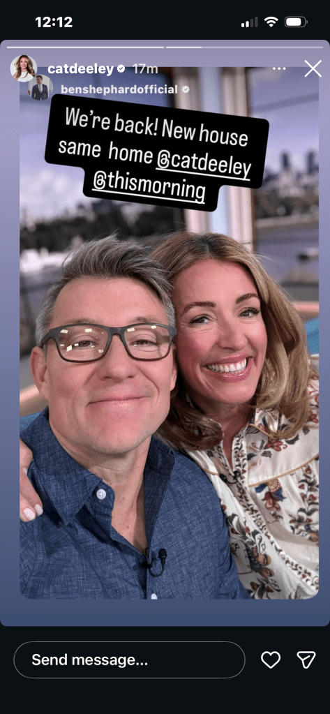 where to get all Cat Deeley this Morning outfits cream heart and FLORAL BLOUSE BLUE FLARED JEANS what is Cat wearing 5 jANUARY 2026 Photo Cat Deeley