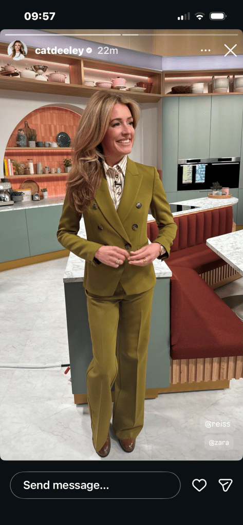 where to get all Cat Deeley this Morning outfits chartreuse green trousers suit ecru maroon striped shirt what is Cat wearing 28 jANUARY 2026 Photo Cat Deeley