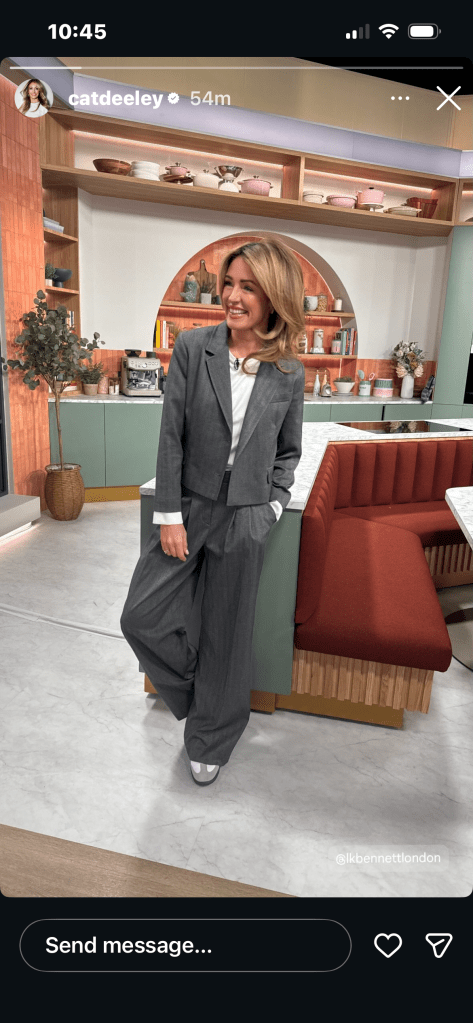 where to get all Cat Deeley this Morning outfits grey cropped jacket and wide leg trousers what is Cat wearing 15 jANUARY 2026 Photo Cat Deeley