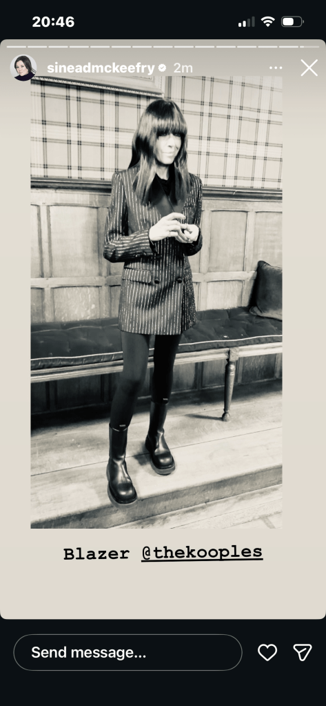 where to get all Claudia Winkleman The Traitors outfits  black lurex stripe tuxedo black leggings black Chelsea boots what is Claudia wearing 16 January 2026 Photo Sinead McKeefy