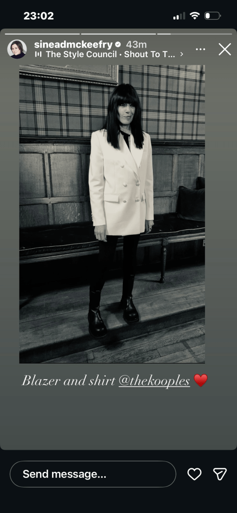 where to get all Claudia Winkleman The Traitors outfits  white tuxedo jacket white shirt black leggings black Chelsea boots what is Claudia wearing 15 January 2026 Photo Sinead McKeefy