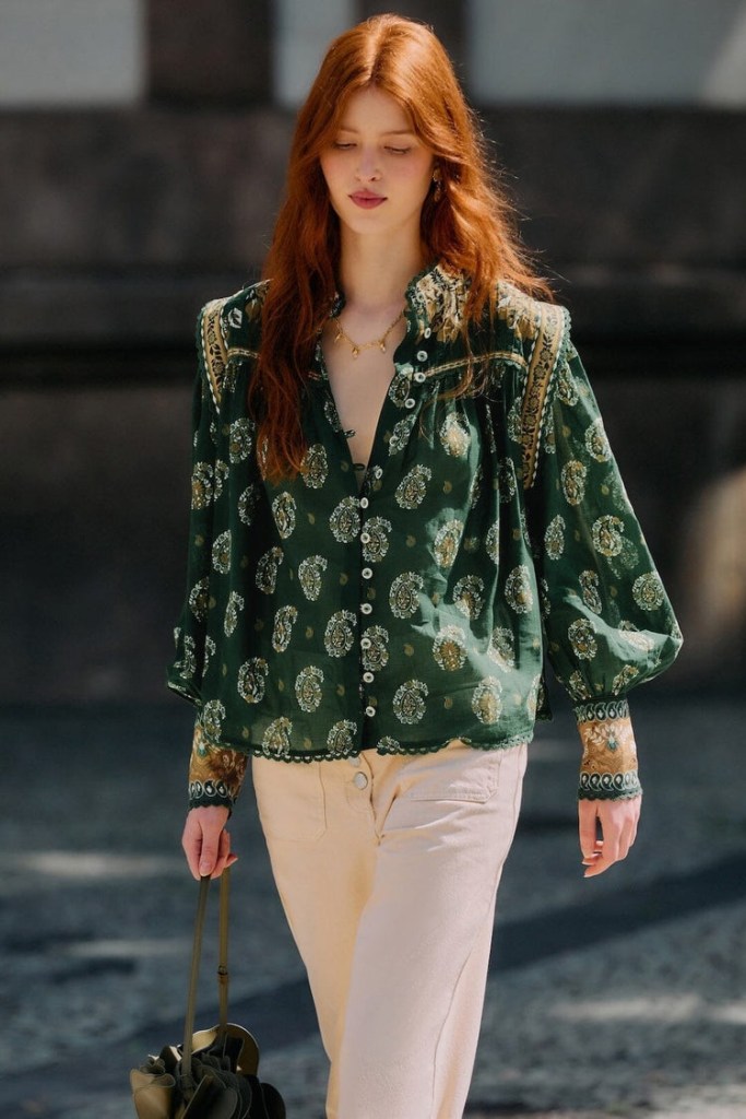 Farm Rio green tayla lace buttoned puff sleeve blouse