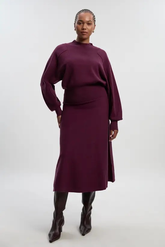 Karen Millen Plus Size Wool Look Rounded Sleeve Knit Midi Dress