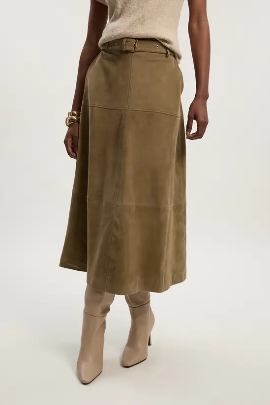 Karen Millen Suede Utility Belted Full Midi Skirt