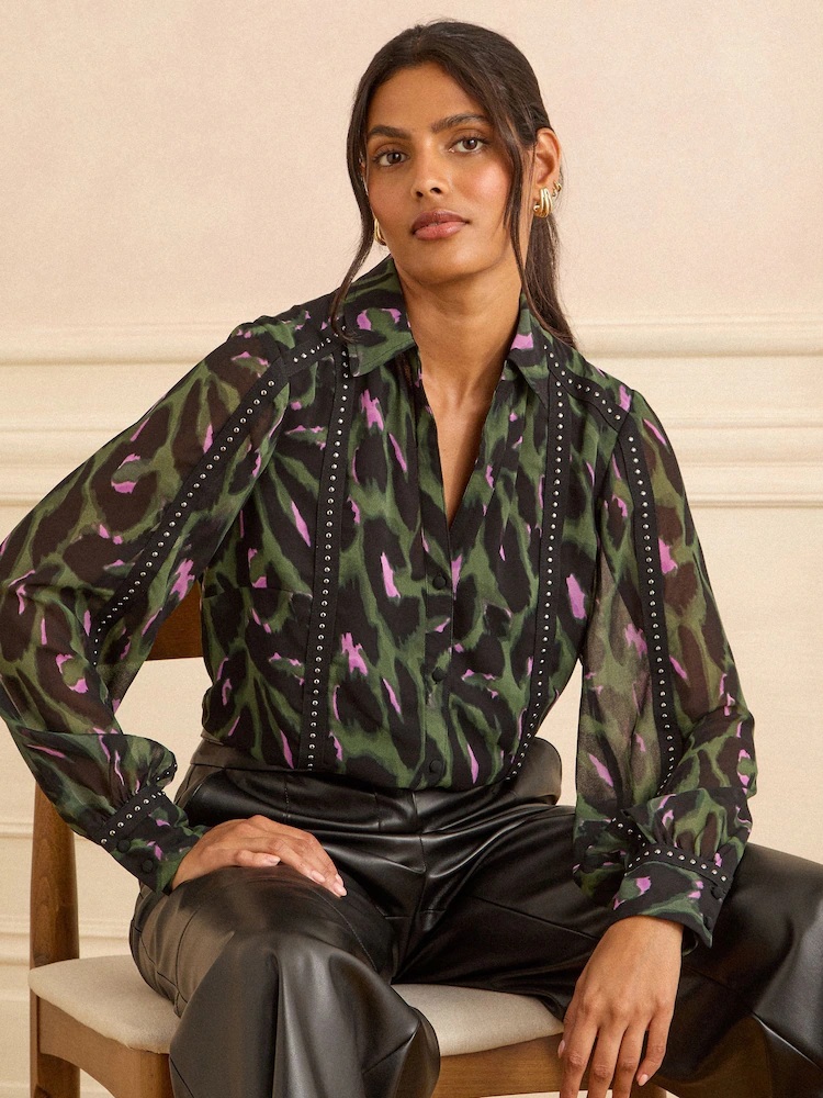 Love & Roses Khaki Green Button Through Long Sleeve Shirt