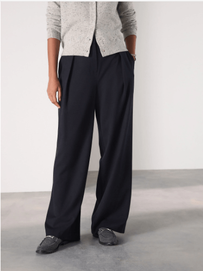 Navy Elastic Back Wide Leg Trousers With Wool