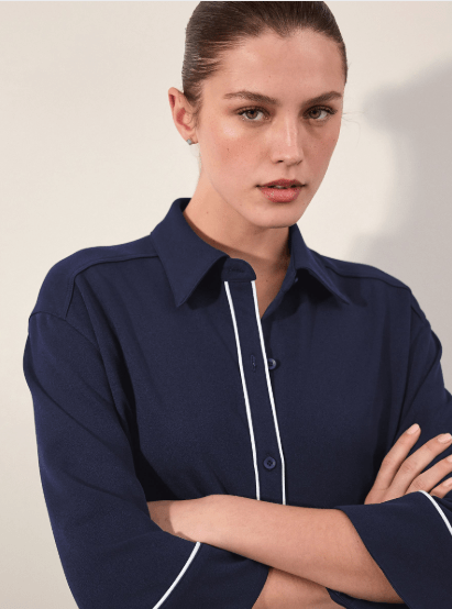 Next Navy Tipped Long Sleeve Polo Button Through Top