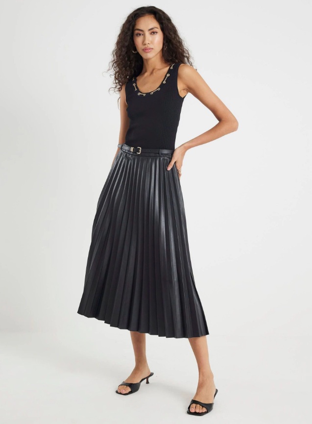 River Island Black Faux Leather Pleated Midi Skirt