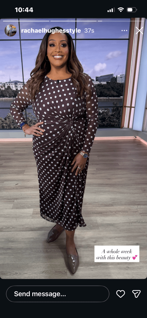 where to get all Alison Hammond This Morning outfits brown and white polka dot midi dress  what is Alison wearing 16 February 2026 Photo Rachael Hughes