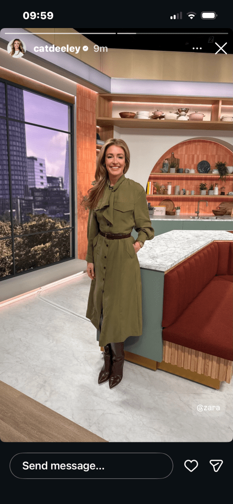 where to get all Cat Deeley this Morning outfits khaki green brown tie neck shirt dress brown boots what is Cat wearing 3 FebrUARY 2026 Photo Cat Deeley