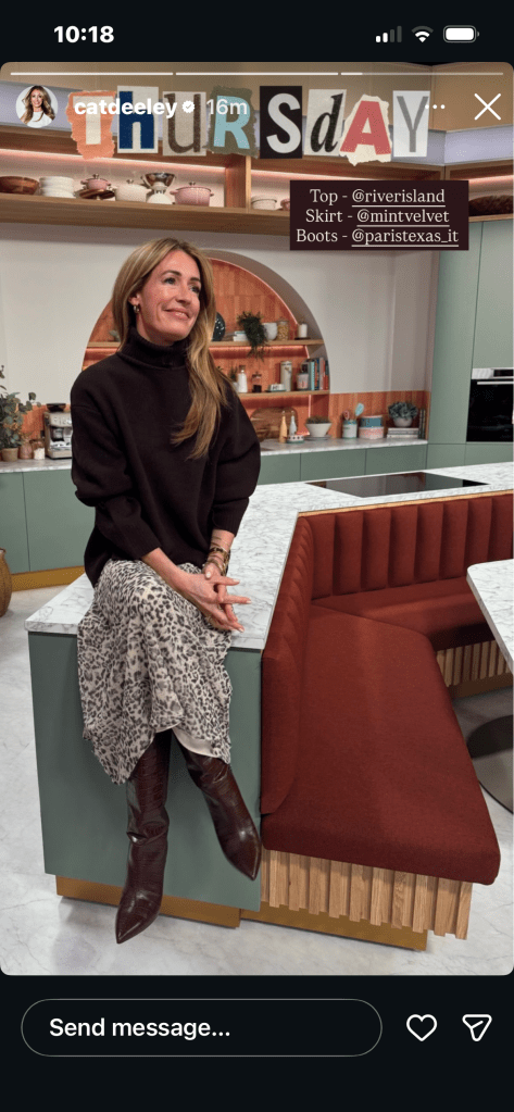 where to get all Cat Deeley this Morning outfits leopard print midid skirt brown roll neck jumper brown croc boots what is Cat wearing 12 FebrUARY 2026 Photo Cat Deeley