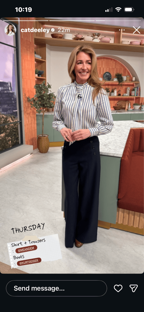 where to get all Cat Deeley this Morning outfits blue and white striped tie shirt navy side button trousers tan boots what is Cat wearing 5 FebrUARY 2026 Photo Cat Deeley