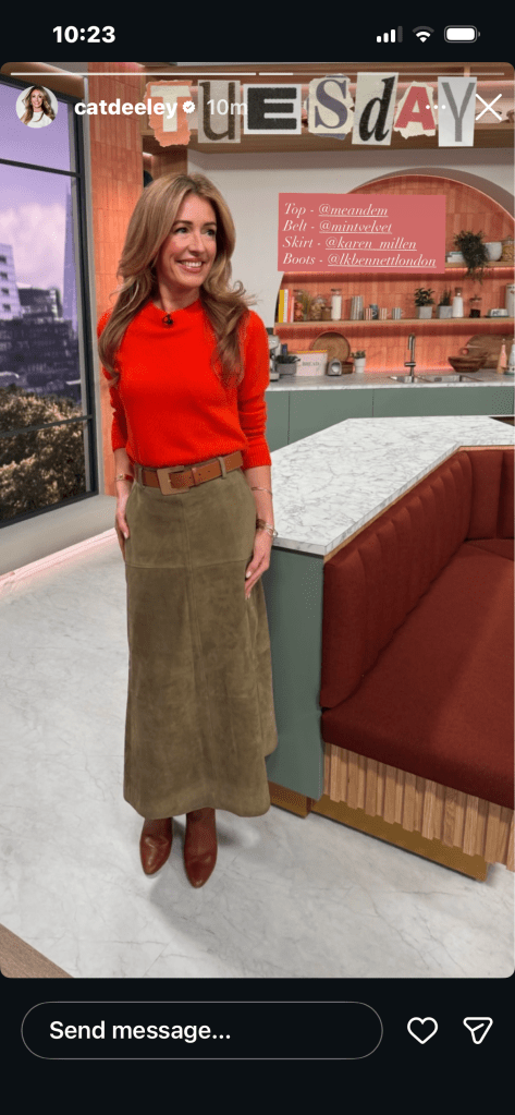 where to get all Cat Deeley this Morning outfits red jumper khaki olive green suede midi skirt brown boots what is Cat wearing 10 FebrUARY 2026 Photo Cat Deeley