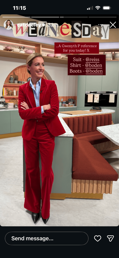 where to get all Cat Deeley this Morning outfits red velvet trouser suit blue chambray shirt black boots what is Cat wearing 11 February 2026 Photo Cat Deeley