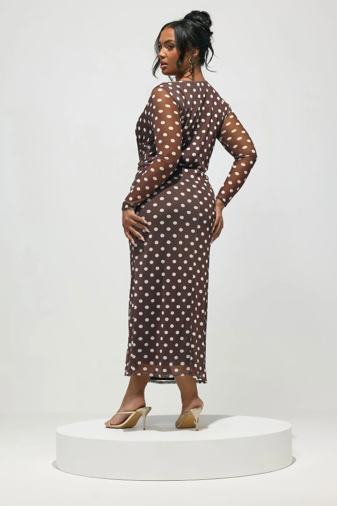 YOURS LONDON Curve Chocolate Brown Polka Dot Knot Dress back view