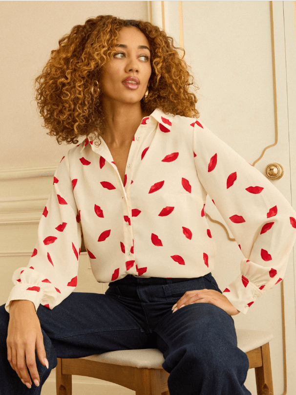 Love & Roses Ivory Lips Print Long Sleeve Button Through Shirt