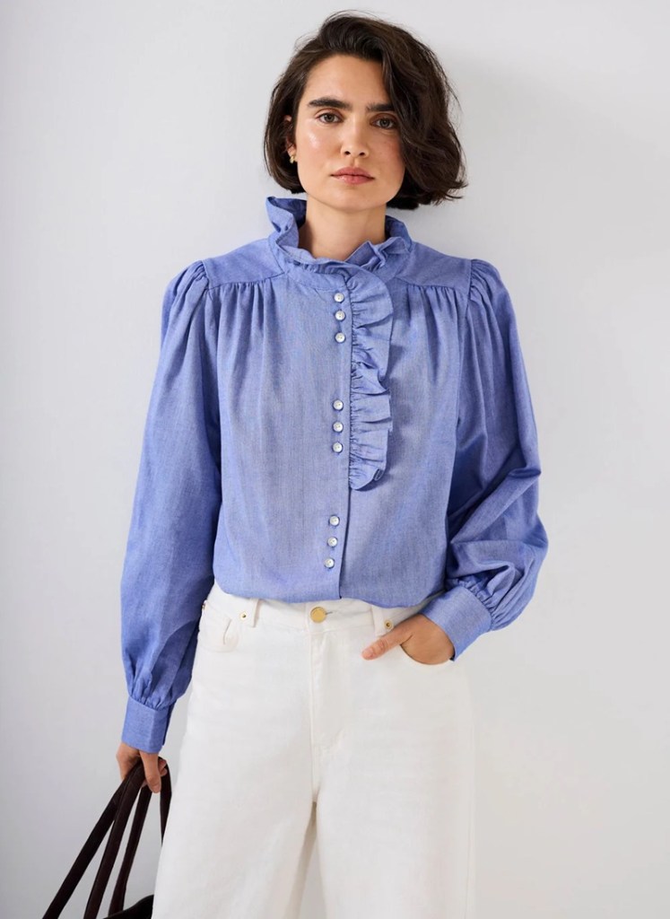 Mint Velvet Blue Cotton Chambray Ruffle Blouse