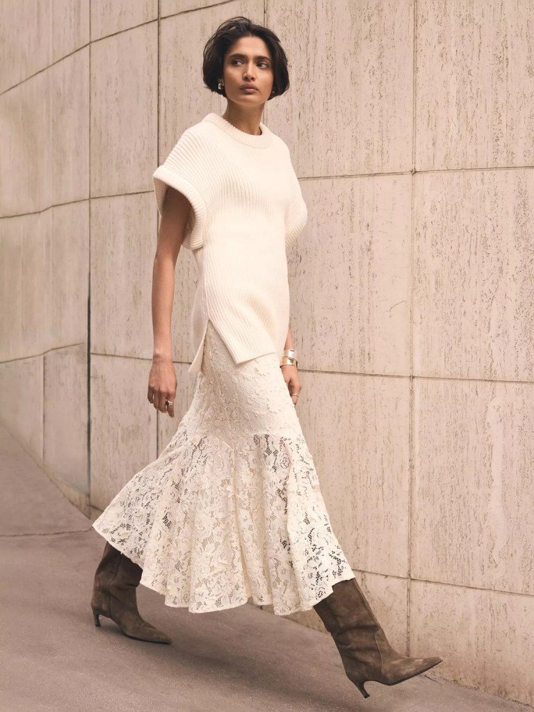 Mint Velvet Cream Lace Midi Skirt