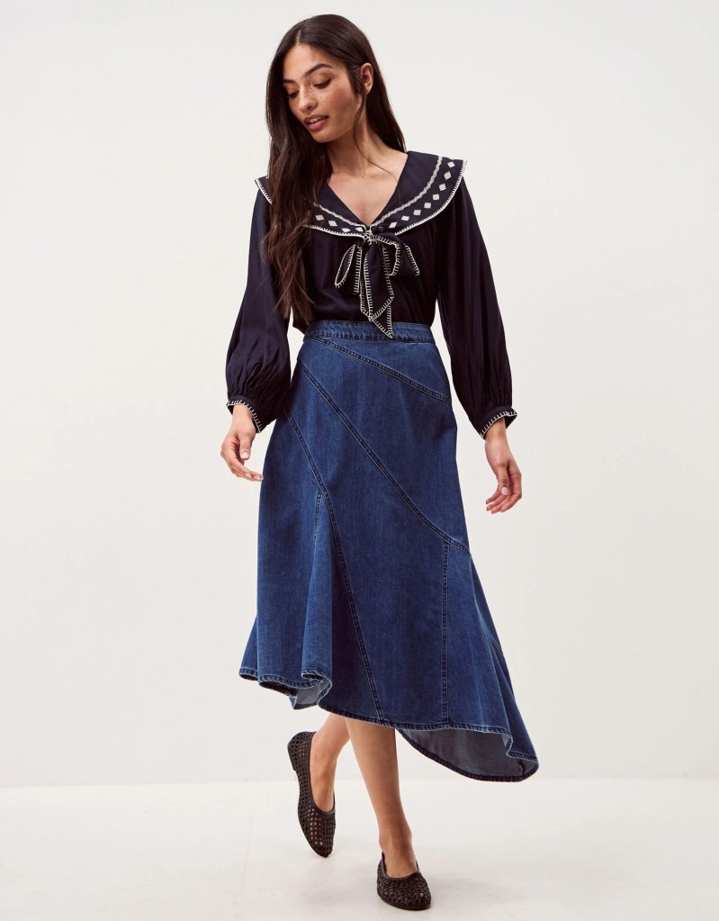 Monsoon Annie Asymmetric Denim Midi Skirt Blue