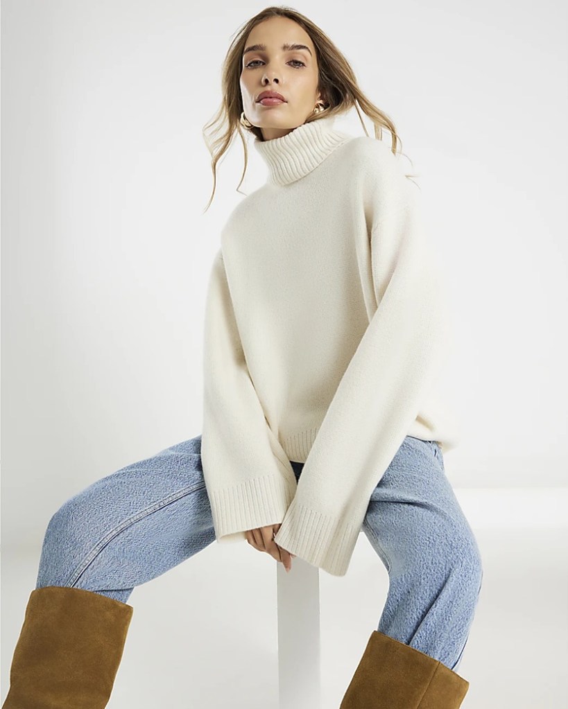 River Island Cream Premium Wool Roll Neck Jumper