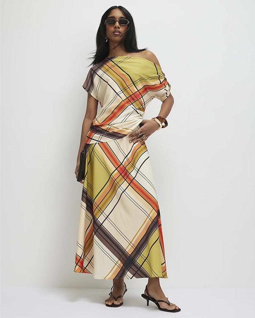 River Island Green Check Off The Shoulder Top