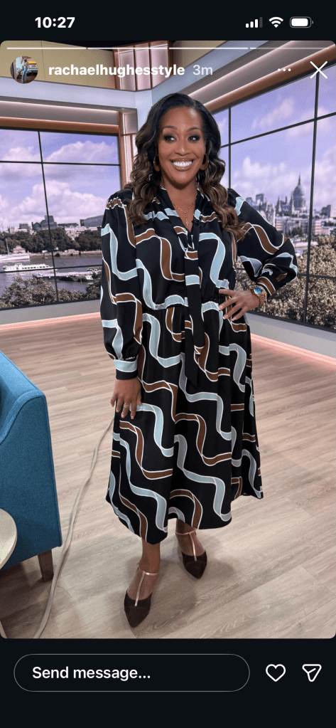 where to get all Alison Hammond This Morning outfits black ribbin print shirt dress suede shoes what is Alison wearing 2 April 2026 Photo Rachael Hughes
