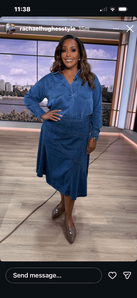 where to get all Alison Hammond This Morning outfits denim blue shirt and asymmetric panelled midi skirt burgundy shoes what is Alison wearing 31 March 2026 Photo Rachael Hughes