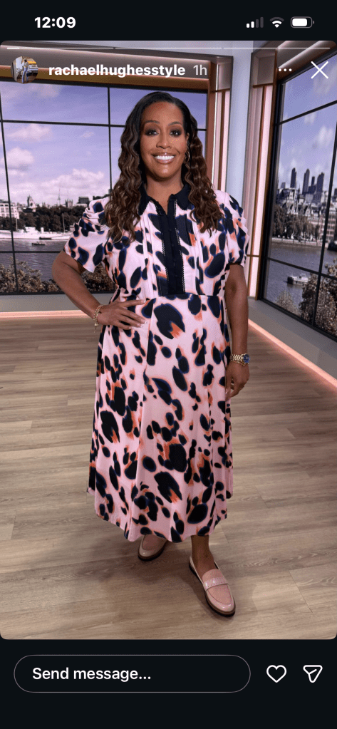 where to get all Alison Hammond This Morning outfits pink animal blur midi dress pink loafers what is Alison wearing 20 March 2026 Photo Rachael Hughes