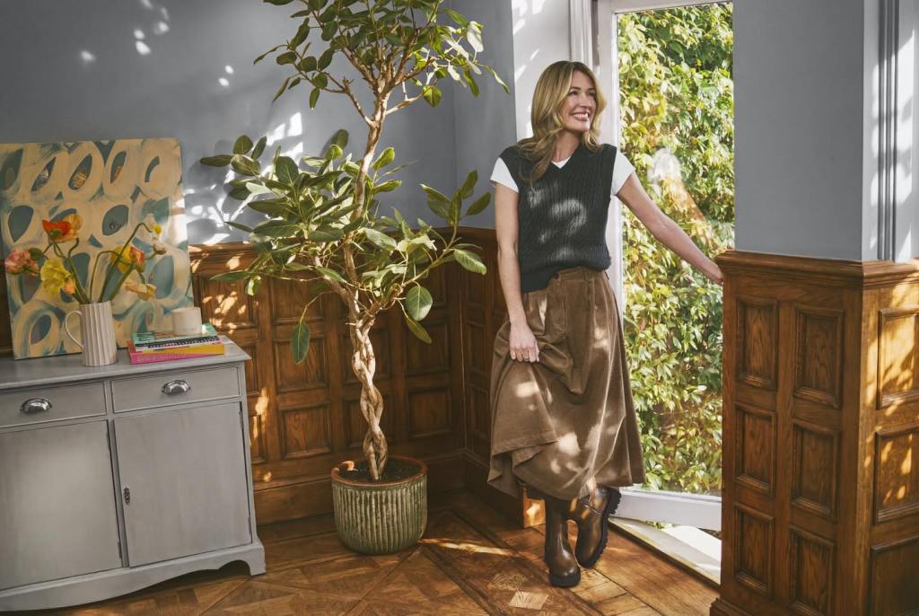 where to get all Cat Deeley Frasers edit outfits  navy knitte tank brown corduroy skirt brown boots what is Cat wearing 9 March 2025 Photo Frasers Group