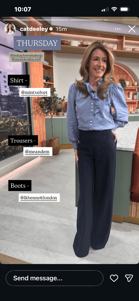 where to get all Cat Deeley this Morning outfits blue chambray ruffle blouse navy wide leg side button trousers what is Cat wearing 12 March 2026 Photo Cat Deeley