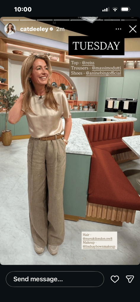 where to get all Cat Deeley this Morning outfits champagne silk top green linen trousers beige trainers what is Cat wearing 3 MArch 2026 Photo Cat Deeley