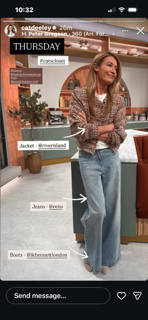 where to get all Cat Deeley this Morning outfits cream red boucle jacket blue jeans brown suede boots what is Cat wearing 5 March 2026 Photo Cat Deeley