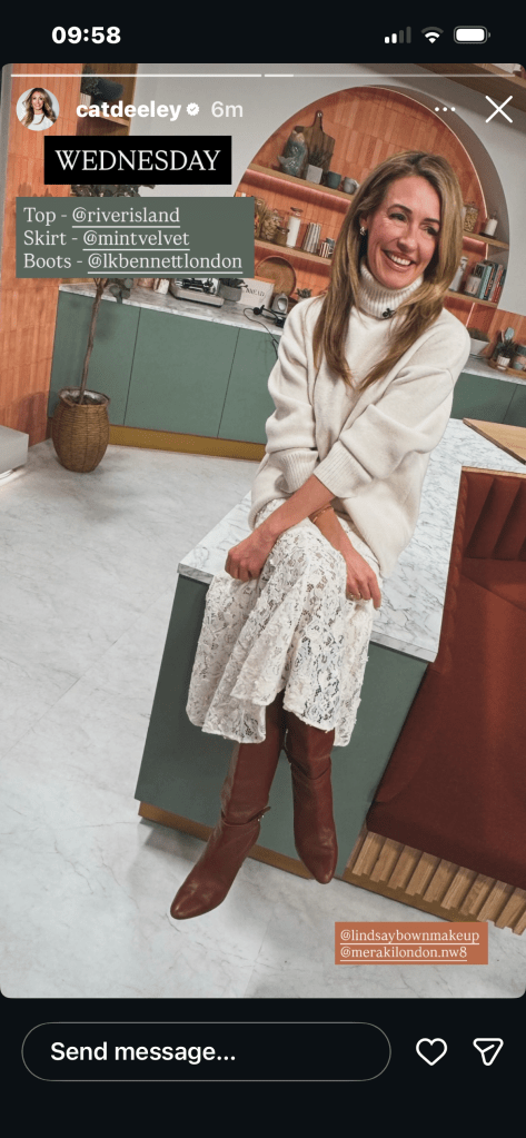 where to get all Cat Deeley this Morning outfits cream roll neck jumper cream lace midi skirt brown boots what is Cat wearing 4 March 2026 Photo Cat Deeley