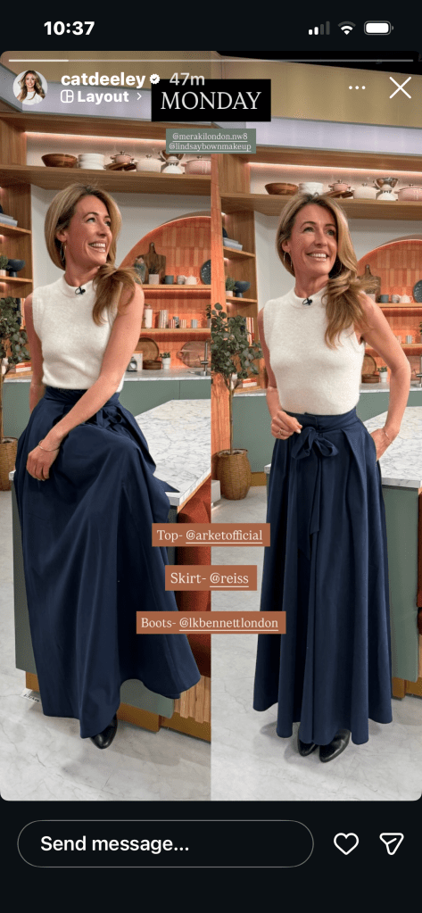 where to get all Cat Deeley this Morning outfits off white alpaca tank navy pleated maxi skirt black boots what is Cat wearing 16 March 2026 Photo Cat Deeley
