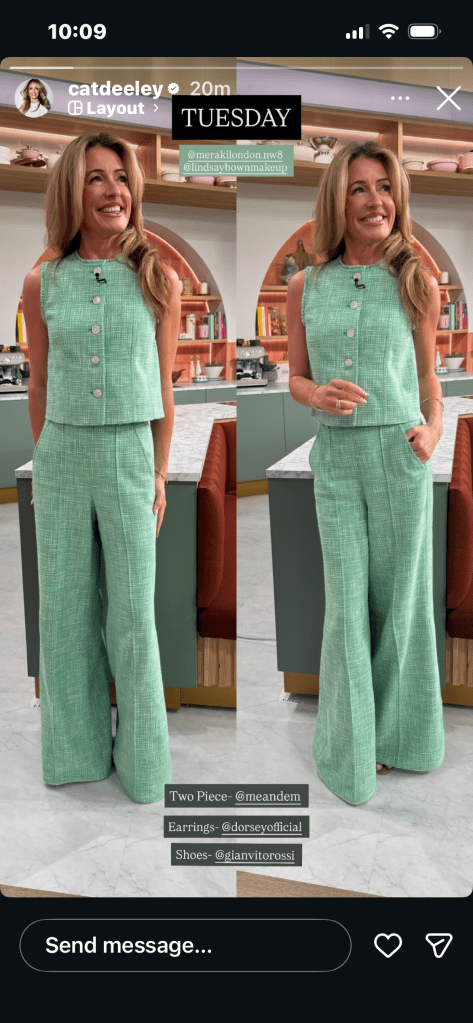 where to get all Cat Deeley this Morning outfits orchard green shell top and trousers what is Cat wearing 24 March 2026 Photo Cat Deeley