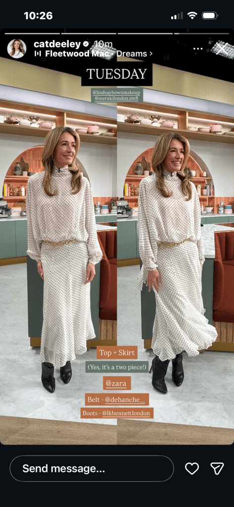 where to get all Cat Deeley this Morning outfits white and black polka dot blouse and midi skirt black boots gold chain belt what is Cat wearing 17 March 2026 Photo Cat Deeley