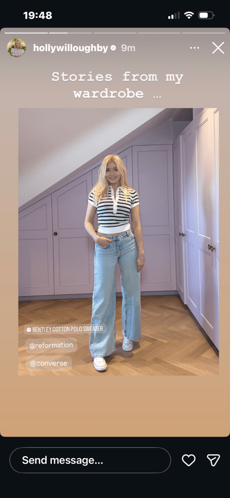 where to get all Holly Willlighby outfits black and white striped short sleeve top wide jeans white trainers what is Holly wearing 2 March 2026 Photo Holly Willoughby