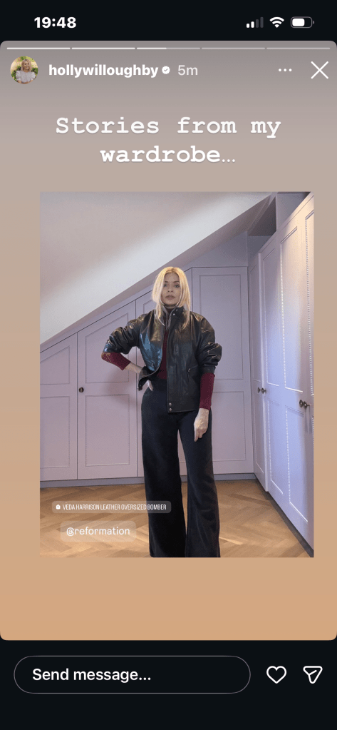 where to get all Holly Willlighby outfits black leather bomber jacket corduroy jeans what is Holly wearing 2 March 2026 Photo Holly Willoughby
