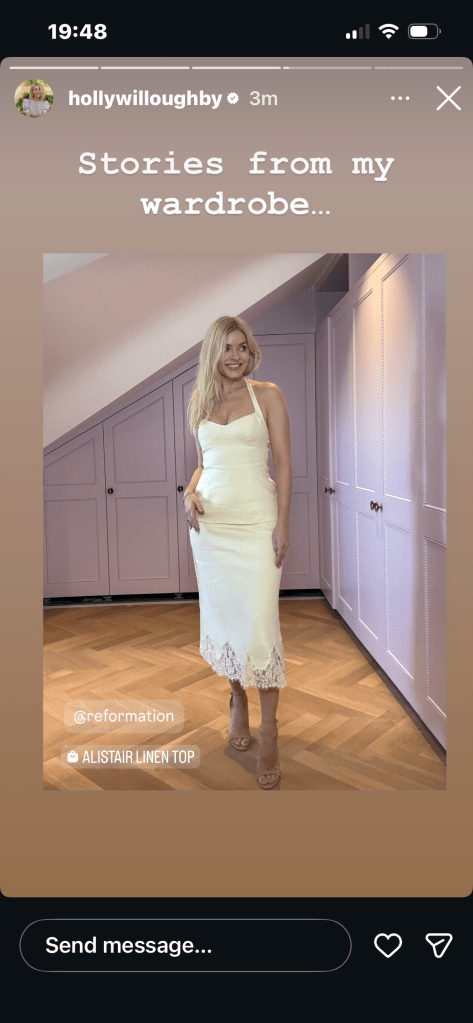 where to get all Holly Willoughby outfits off white linen top and lace trim skirt nude suede sandals what is Holly wearing 2 March 2026 Photo Holly Willoughby