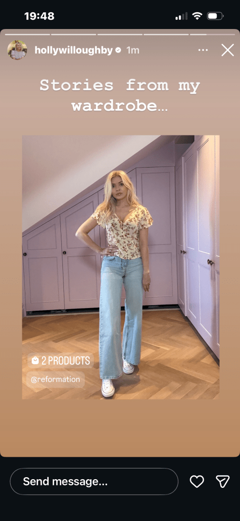 where to get all Holly Willoughby outfits pink floral short sleeve top wide jeans white trainers what is Holly wearing 2 March 2026 Photo Holly Willoughby