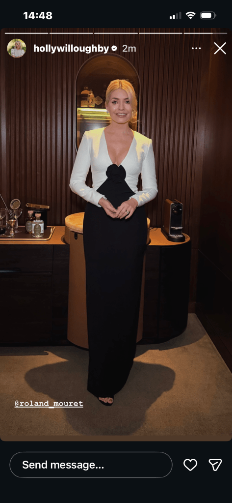 where to get all Holly Willlighby outfits the Kings Trust black and white flower gown black sandals what is Holly wearing 12 March 2026 Photo Holly Willoughby