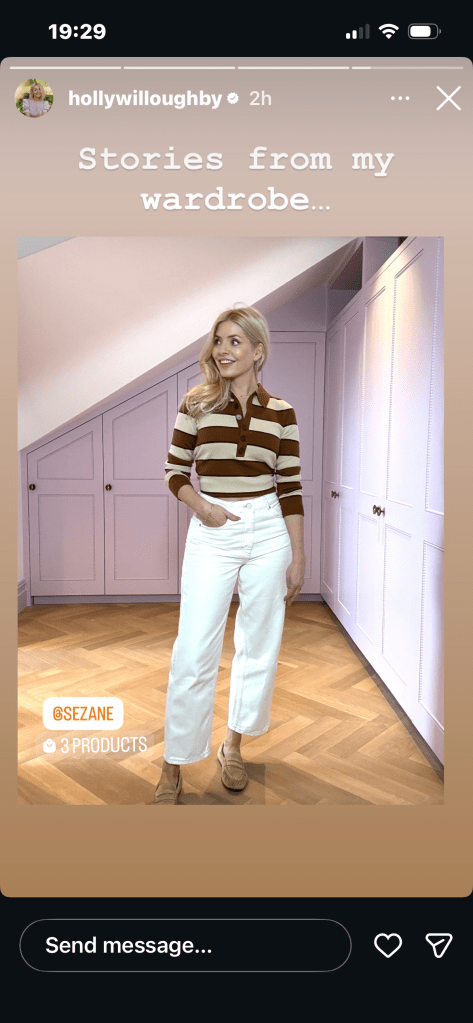 where to get all Holly Willoughby outfits brown and cream striped jumper white wide leg jeans beige suede shoes what is Holly wearing 9 March 2026 Photo Holly Willoughby