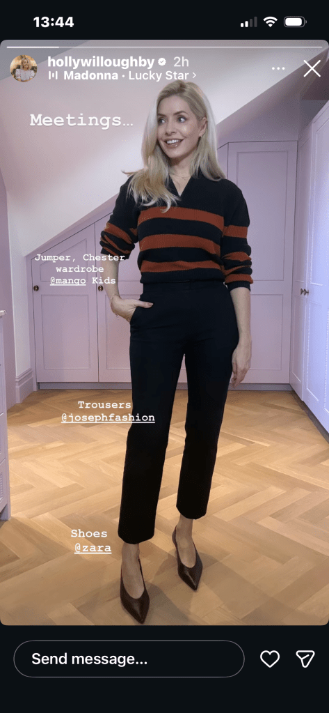 where to get all Holly Willoughby outfits burnt orange striped zip jumper black trousers black shoes what is Holly wearing 5 March 2026 Photo Holly Willoughby