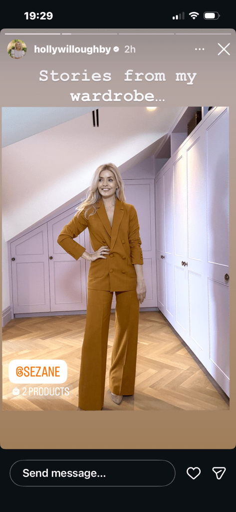 where to get all Holly Willoughby outfits tan trouser suit nude suede shoes what is Holly wearing 9 March 2026 Photo Holly Willoughby