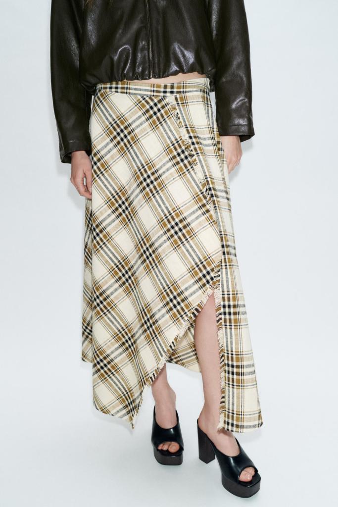 Zara Asymmetric Checks Midi Skirt