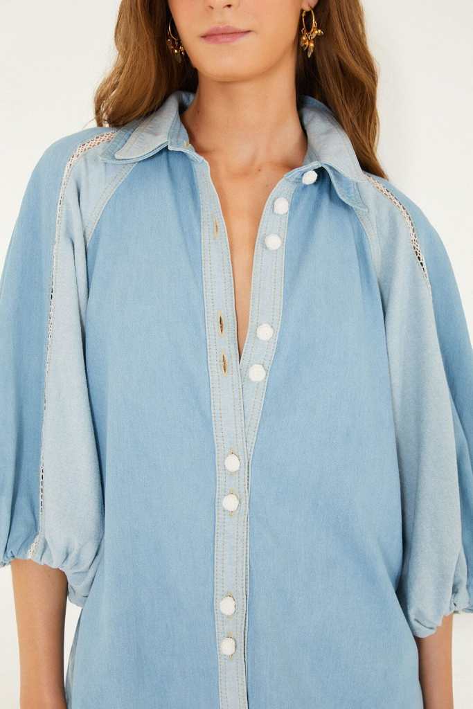 Farm Rio denim bicolor puff sleeve shirt
