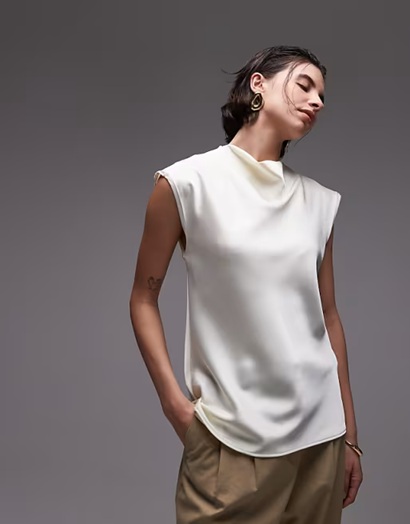 Mango satin drape neck cap sleeve top