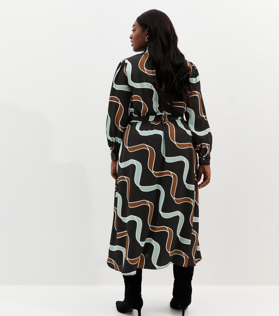 New Look Curves Blue and Brown Ribbon Long Sleeve Pussybow Midi Dress back view